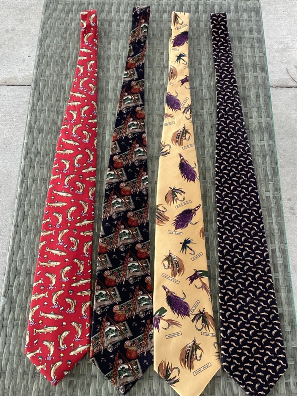 FOUR Fishing Patterned 100% Silk Neckties - Red, Black, Gold, Navy EUC